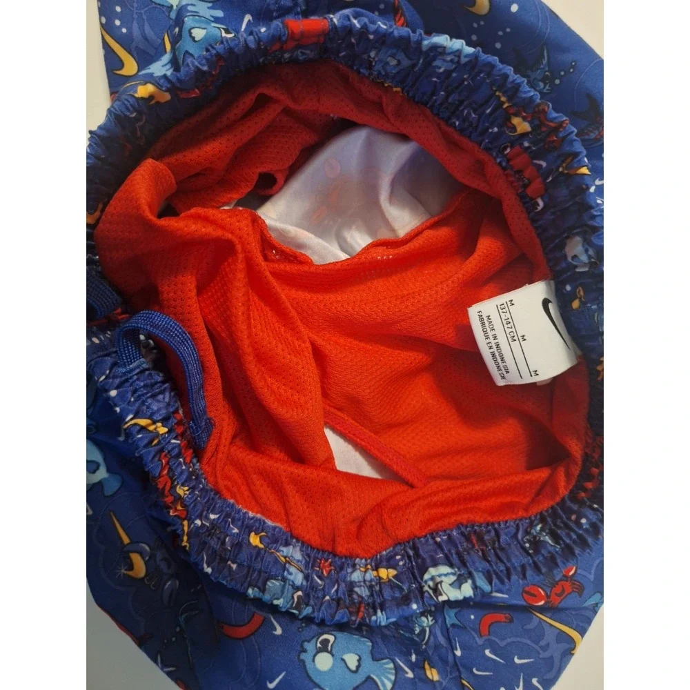 Nike Boys Medium 10-12 Swim Trunks Blue Shark Fish Print Mesh Lined Swoosh